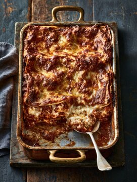 Freshly baked lasagna in a rustic baking dish