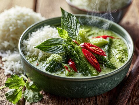 Thai green curry with rice, basil and red chili peppers