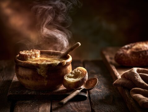 steaming rustic soup with bread on a wooden table