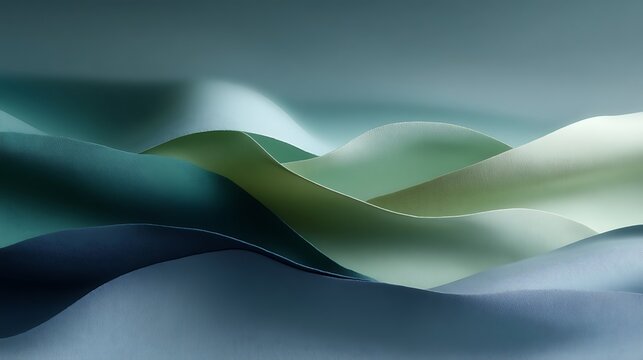 Abstract layered paper art with smooth curved shapes in shades of green blue and grey, minimalistic design and texture, contemporary style