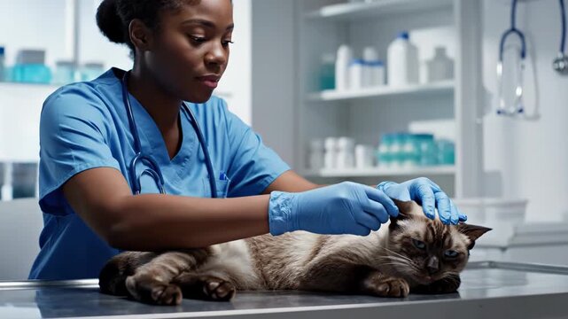 Female Vet Examining Siamese Cat's Ear, suitable for cat health, veterinary treatment, and animal clinic content.