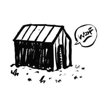 Hand drawn sketch of a wooden dog house with a speech bubble saying woof isolated