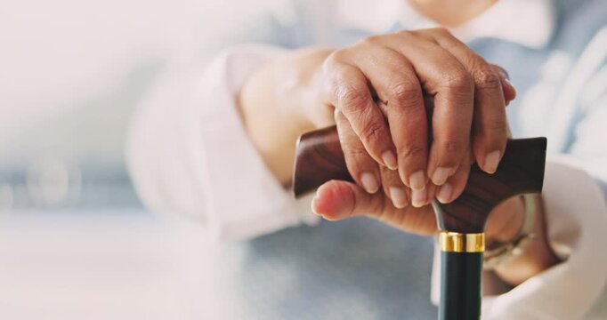 Hands, cane and old woman for retirement, support or mobility aid for recovery in home. Elderly person with a disability, walking stick and healthcare for arthritis help, assistance or balance