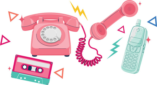 Retro Nineties Pop Vector Composition Featuring Pink Rotary Telephone Cassette Tape Teal Mobile Phone and Geometric Memphis Style Design Elements