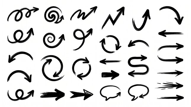 Create a premium vector collection of hand-drawn doodle arrows arranged in a clean, balanced composition on a pure white background. Include a diverse variety of expressive sketch-style directional ar