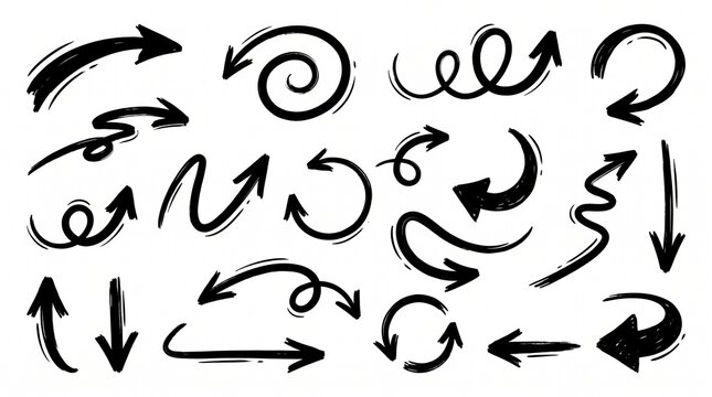 Create a premium vector collection of hand-drawn doodle arrows arranged in a clean, balanced composition on a pure white background. Include a diverse variety of expressive sketch-style directional ar