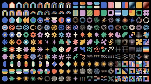 Create a premium vector mega collection of colorful abstract geometric design elements arranged in a clean, organized grid on a solid black background. The collection should include a diverse range of