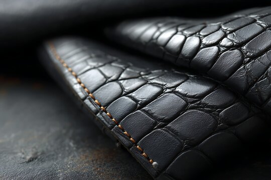 Close-up view of black crocodile leather wallet with detailed stitching and textured surface for luxury fashion accessories