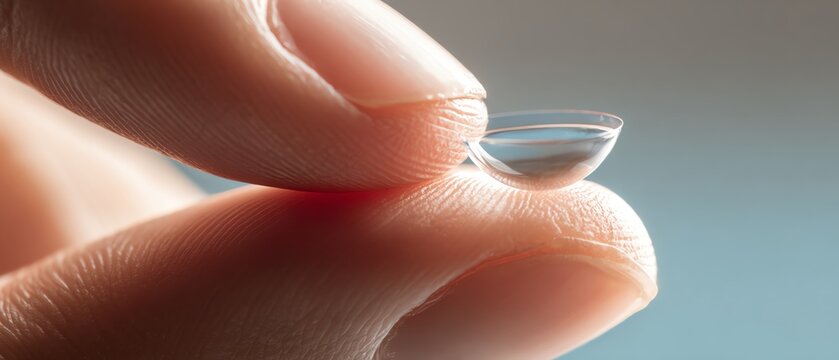 Hand holding a contact lens for eye care.