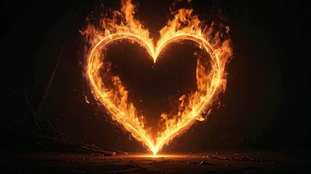 A glowing heart shape formed by bright orange flames against a dark background