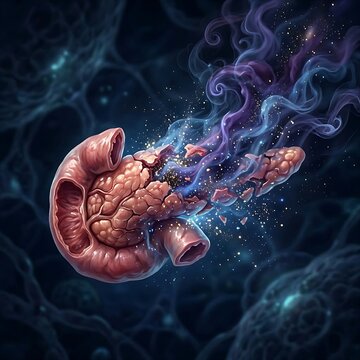 A human pancreas dissolving into a swirl of blue and purple smoke and glowing dust particles, set against a deep blue microscopic background, symbolizing pancreatic failure or diabetes.