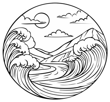 Black and white circular illustration of ocean waves, mountains, and sun