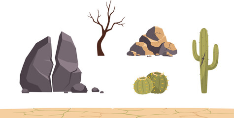 Desert Landscape and Nature Element Vector Set Featuring Saguaro Barrel Cactus Bare Tree Cracked Rocks Stone Pile and Arid Soil Ground © Miss