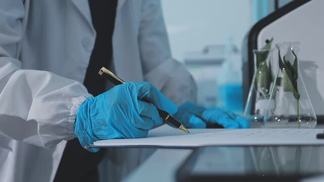 Lab technician analyzing food additives in a sterile environment, food safety, scientific food innovation