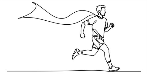 Continuous one line drawing of a man running wearing a superhero cape showing speed and power in a simple minimalist vector illustration style © Pabon Art Gallery
