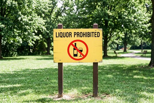 A yellow, weathered 'Liquor Prohibited' sign standing in a lush, green public park with trees and walking paths in the background.