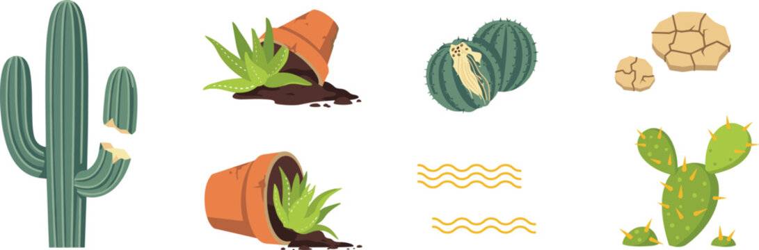 Desert Cactus and Damaged Plant Element Vector Set Featuring Broken Saguaro Overturned Clay Pots Barrel Cactus and Dry Soil for Landscape Illustration