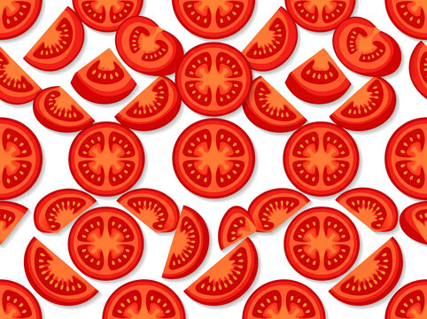 Playful geometric pattern of overlapping round tomato slices and triangular wedges on a white banner