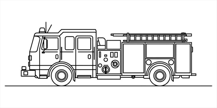 Black and white line art illustration of a fire truck side view for kids coloring book page or simple emergency vehicle graphic design element