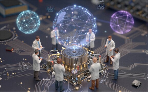 Scientists collaborate on futuristic tech, surrounded by holographic data and circuitry.