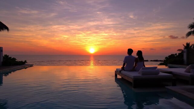 Infinity pool reflects a breathtaking tropical sunset while a couple relaxes beside the water. Golden sky and calm ocean create a luxurious island resort atmosphere. Romantic vacation concept