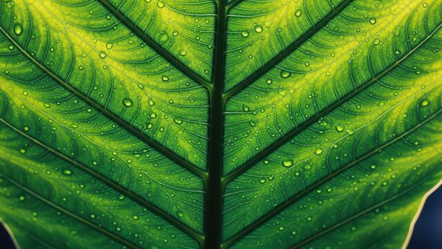 Dewy green leaf close-up