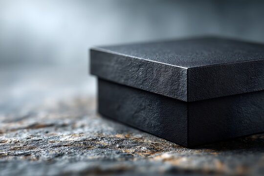 Close-up of a black textured box resting on a rustic surface with soft natural lighting and a blurred background