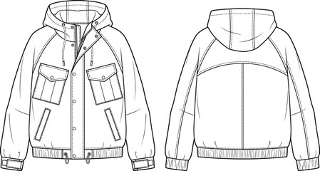 Hooded Utility Jacket Technical Fashion Flat Sketch Front and Back Garment Template © MdMazibur