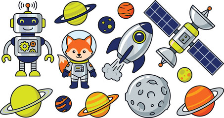 Space adventure illustration set featuring cute fox astronaut robot rocket ship planets and satellite for children's projects © Sree