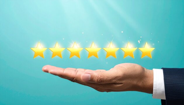 Business hand holding golden stars symbolizing excellence quality rating