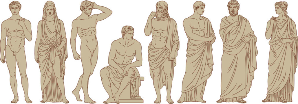 Set of classical Greek and Roman marble statues isolated on a white background vector illustration