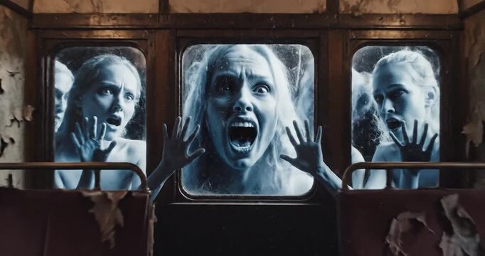 Spooky haunted train ride with ghosts looking through the window at night