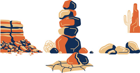 Minimalist Desert Landscape Element Set with Flat Balancing Rocks Canyon Cliffs Cactus Tumbleweed and Cracked Soil Icons for Vector Graphic Designs © Miss