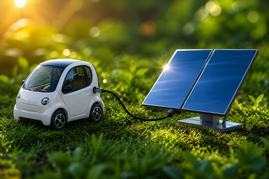Compact White Electric Micro Car Charging via Solar Panel in Field