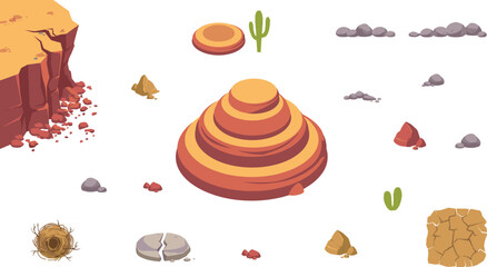 Isometric Desert Landscape Elements Vector Set with Layered Rock Plateaus Canyon Cliffs Saguaro Cactus Tumbleweed and Cracked Soil Texture Icons © Miss