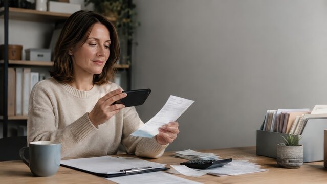 Small Business Owner Scanning Invoice With Smartphone