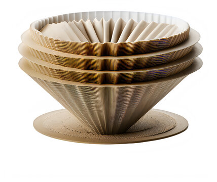 Stack of brown paper coffee filter cones on a transparent background