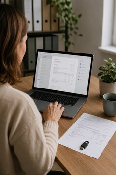 Business Owner Reviewing Scanned Invoice on Laptop Securely