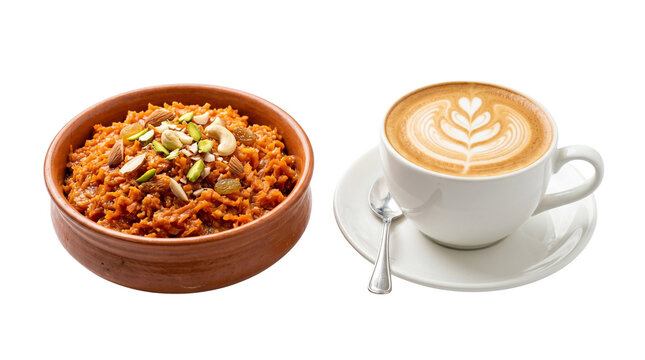 Gajar ka halwa in clay bowl with latte coffee, traditional Indian carrot pudding dessert, sweet carrot halwa with nuts and hot cappuccino isolated PNG with Transparent Background