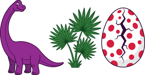 Cartoon purple dinosaur long neck brachiosaurus with green tropical plant and large cracked hatching spotted egg © Sreejoynaraon