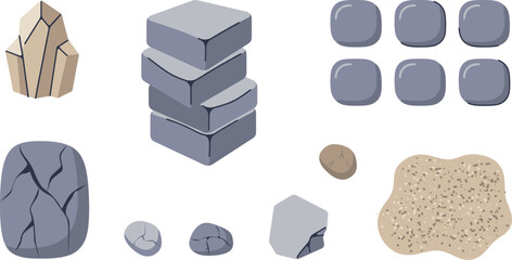 Mineral and Stone Game Asset Vector Set with Stacked Grey Blocks Crystal Cluster Cracked Boulder Pebbles Buttons and Sand Texture Icons © Miss