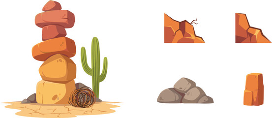Desert Landscape Nature Elements Vector Set with Stacked Balancing Rocks Saguaro Cactus Tumbleweed Canyon Cliffs and Stone Piles for Game Design © Miss