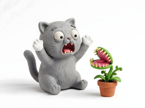 Surprised gray cat facing a carnivorous venus flytrap plant