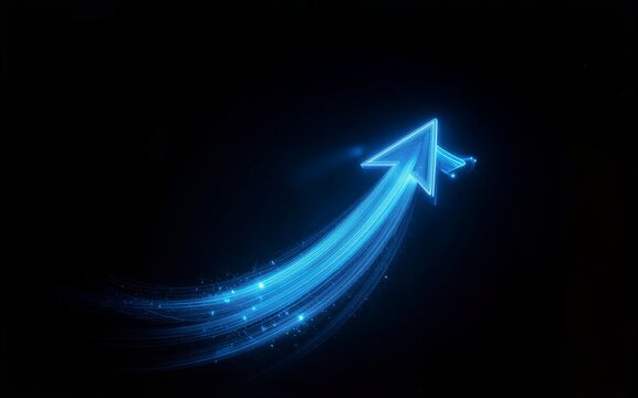 Blue neon arrow streaks forward, leaving glowing trails in dark space.