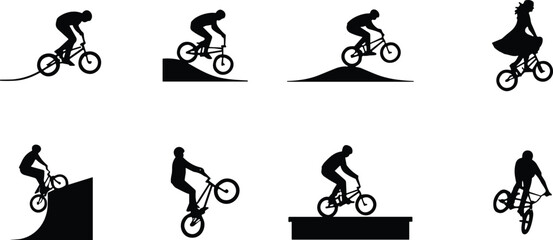 Obraz premium Collection of BMX freestyle cycling silhouettes featuring various stunts, jumps, and tricks for extreme sports design
