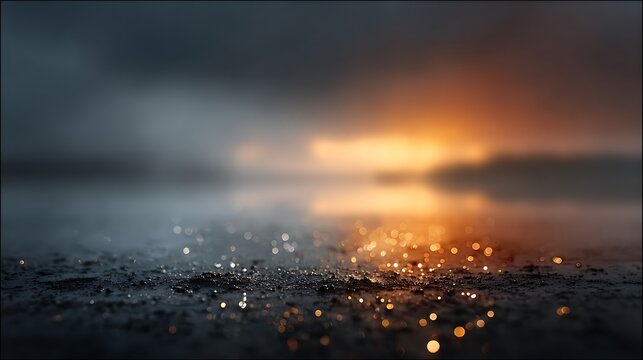 Beautiful sunset over rugged coastline with warm glow reflecting on wet sand and distant ocean waves at dusk