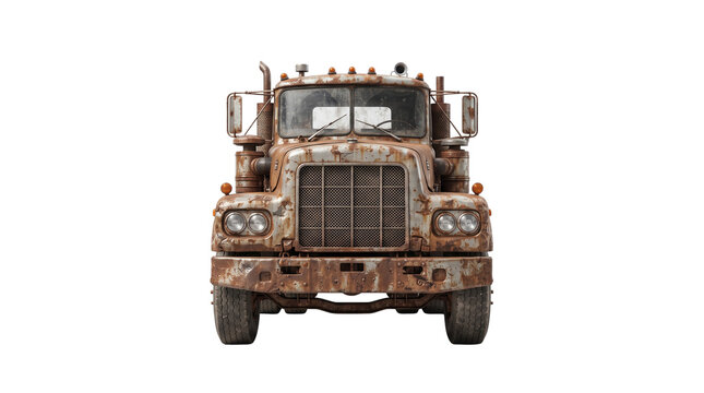 Vintage rusty semi truck front view, weathered antique heavy duty vehicle with brown rust texture, classic industrial transport truck isolated PNG with Transparent Background