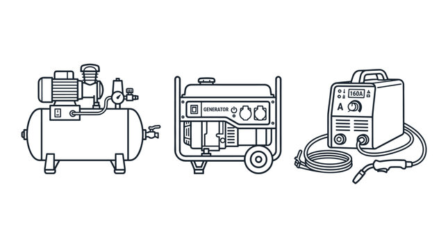 Industrial air compressor generator and welder icons.