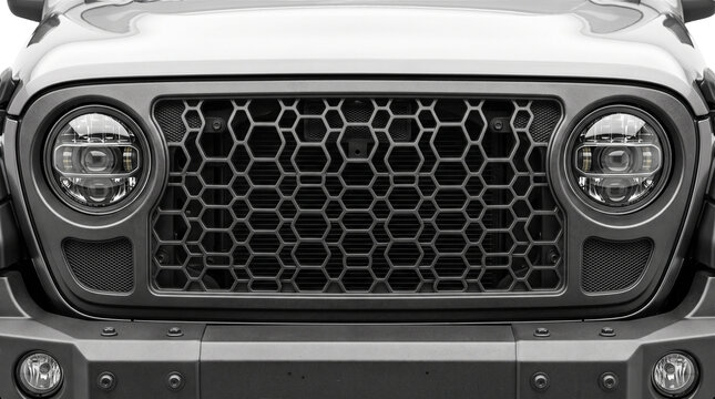 Modern off-road vehicle front grille with honeycomb mesh, black 4x4 suv radiator guard and round led headlights, rugged automotive exterior detail isolated PNG with Transparent Background