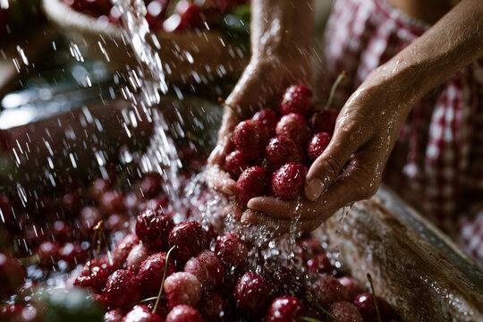 Washing freshly picked cherries in a wooden bowl at home during the preserving season